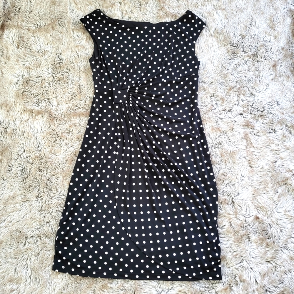 Connected Petite Gathered Front Polka Dot Dress Black Size 12P
